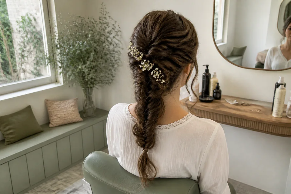 Coiffure de cérémonie vue pendant la préparation — illustration générée par IA
