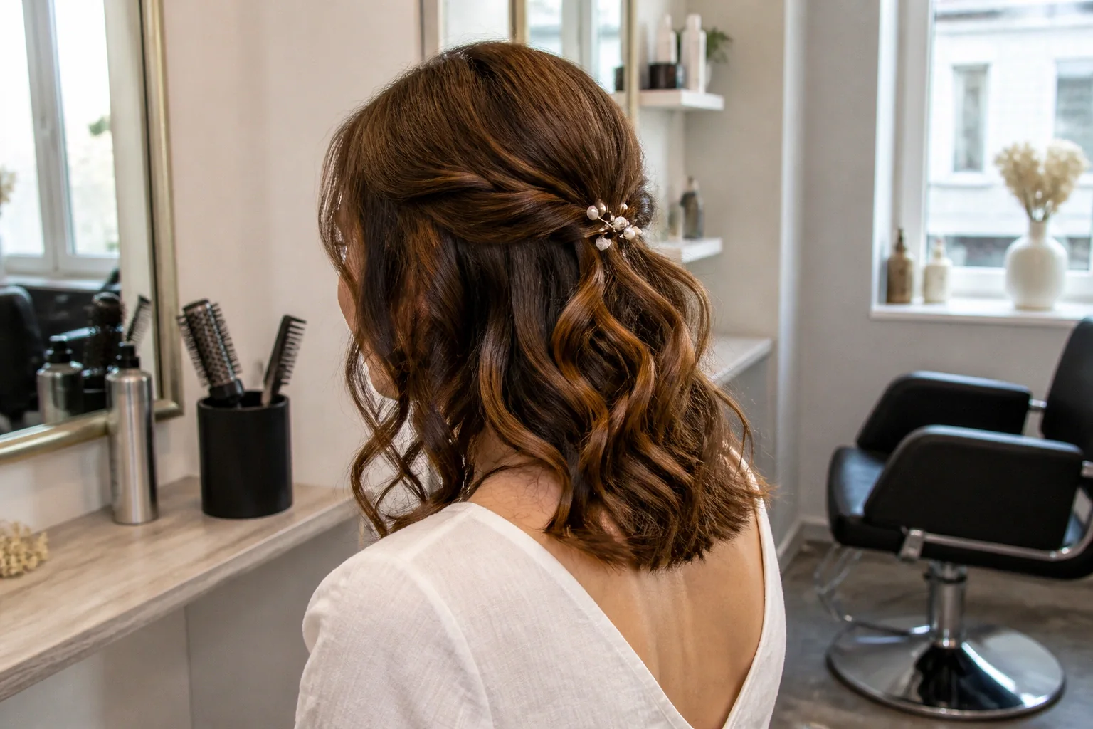 Coiffure de cérémonie vue pendant la préparation — illustration générée par IA
