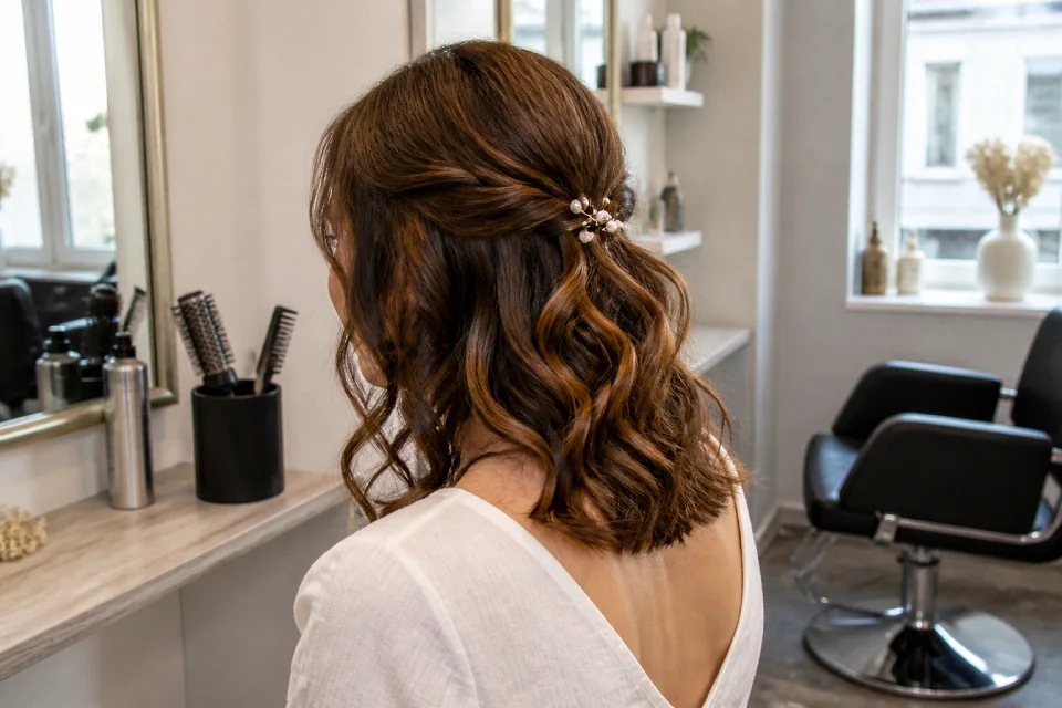 Coiffure de cérémonie vue pendant la préparation — illustration générée par IA