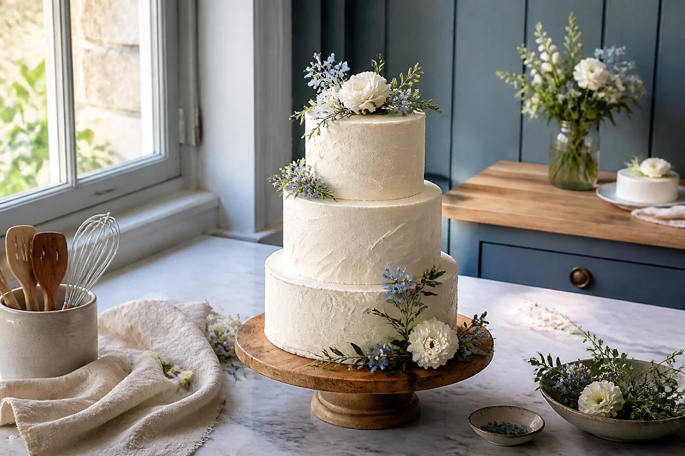 Gâteau de mariage préparé dans un atelier — illustration générée par IA