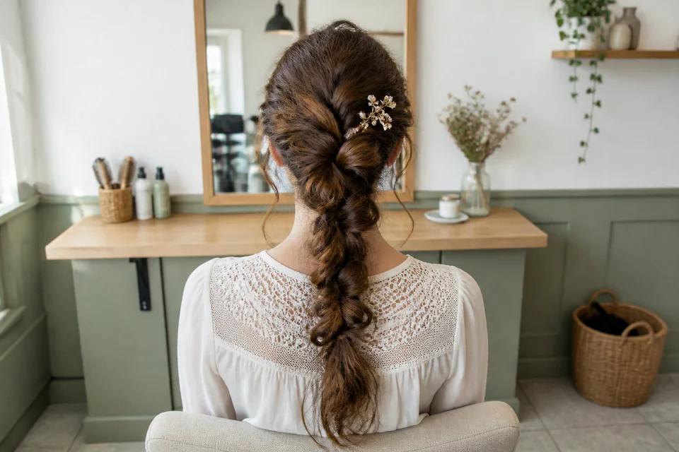 Coiffure de cérémonie vue pendant la préparation — illustration générée par IA