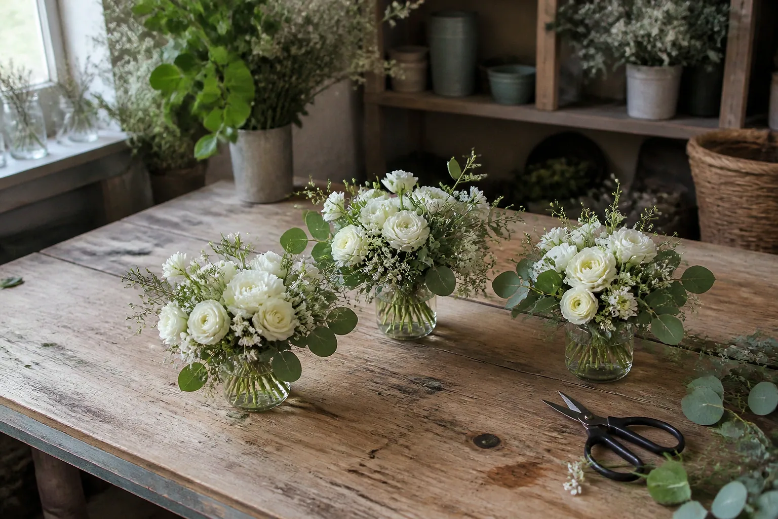 Préparation florale pour un mariage — illustration générée par IA
