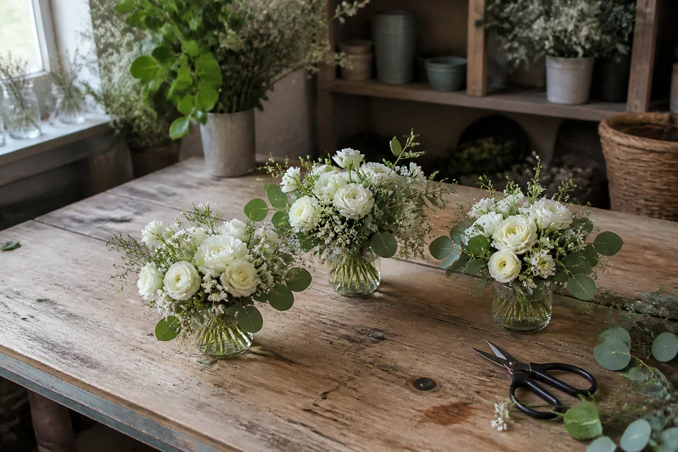 Préparation florale pour un mariage — illustration générée par IA