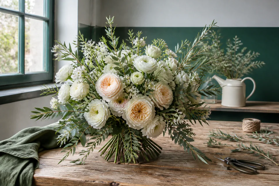 Préparation florale pour un mariage — illustration générée par IA