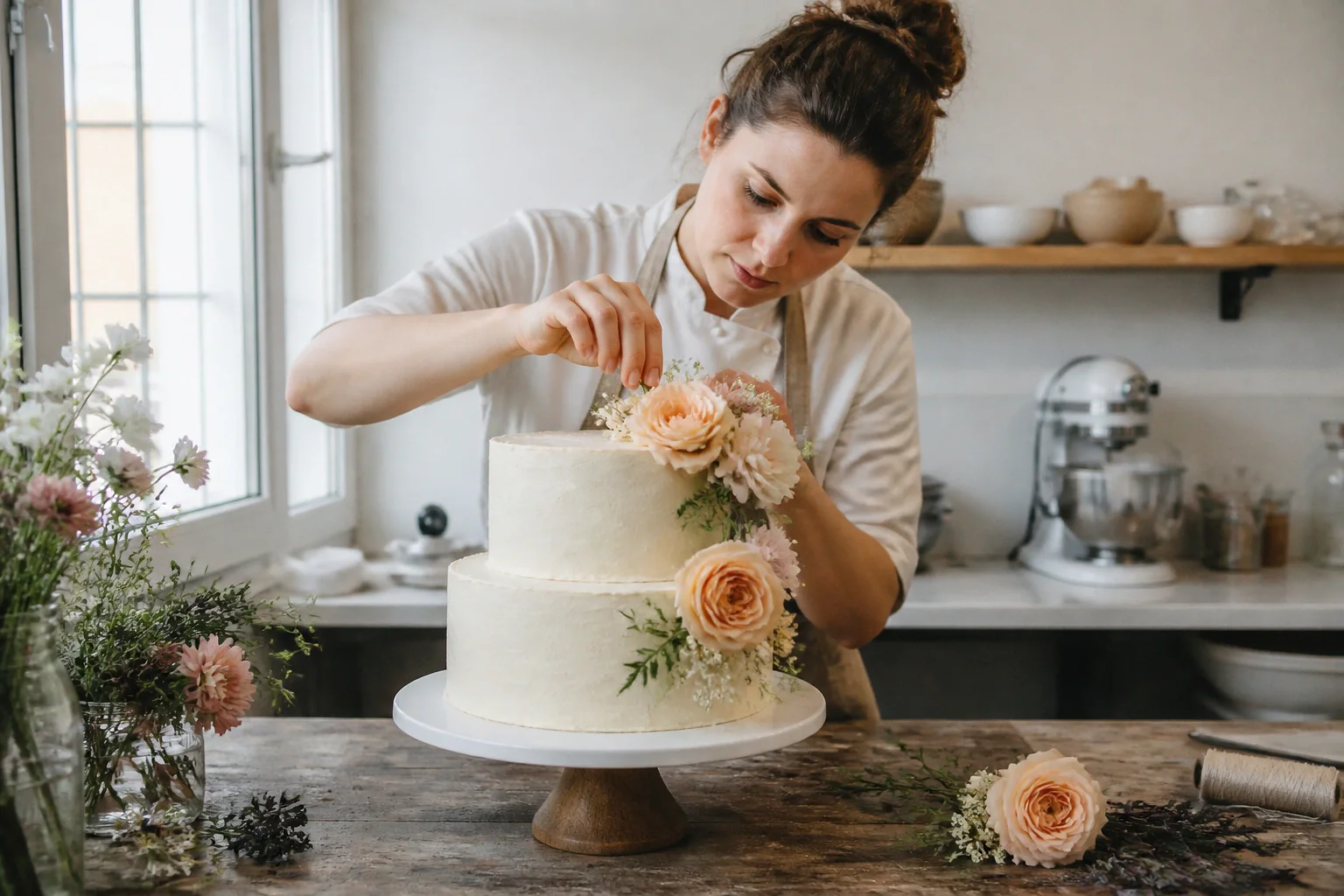 Gâteau de mariage préparé dans un atelier — illustration générée par IA