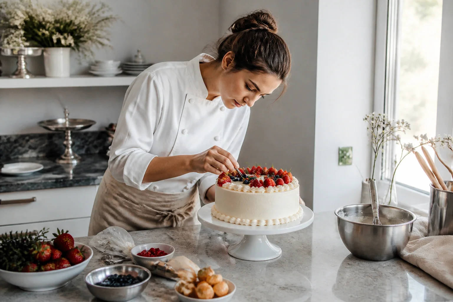 Gâteau de mariage préparé dans un atelier — illustration générée par IA