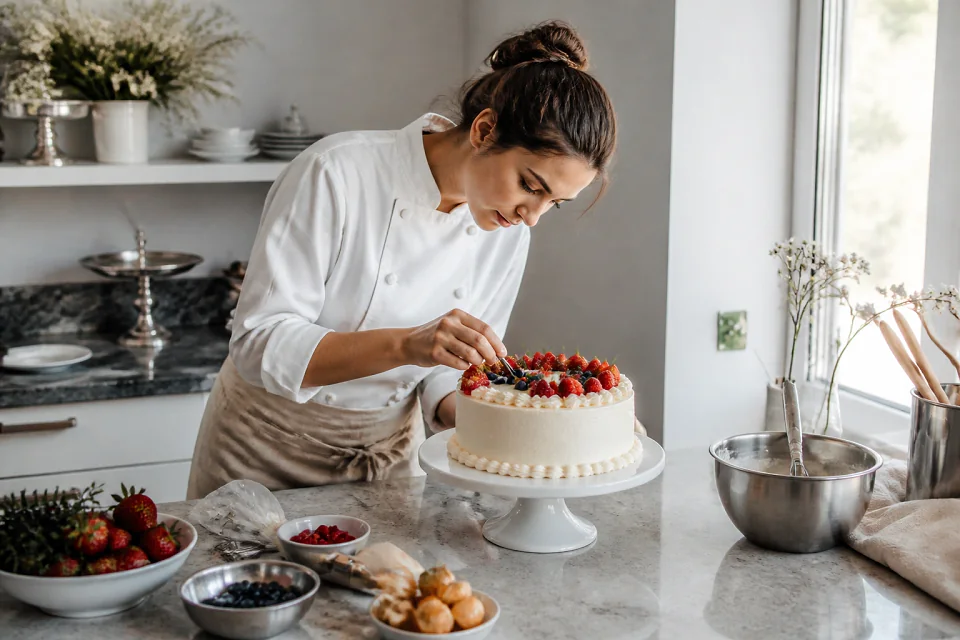 Gâteau de mariage préparé dans un atelier — illustration générée par IA