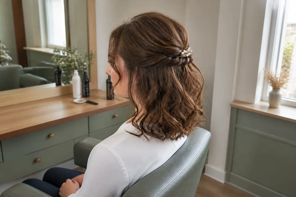 Coiffure de cérémonie vue pendant la préparation — illustration générée par IA