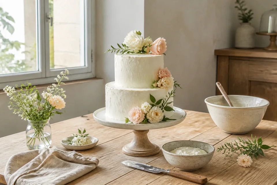 Gâteau de mariage préparé dans un atelier — illustration générée par IA