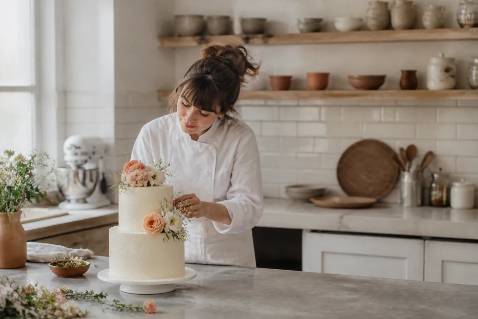 Gâteau de mariage préparé dans un atelier — illustration générée par IA