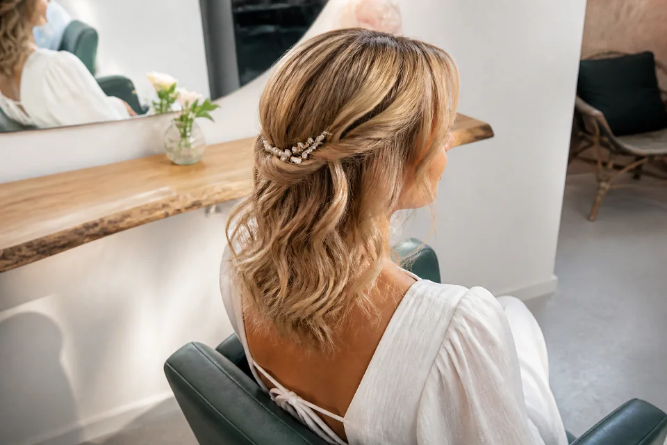 Coiffure de cérémonie vue pendant la préparation — illustration générée par IA