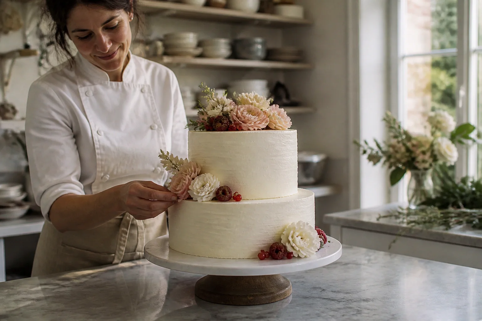 Gâteau de mariage préparé dans un atelier — illustration générée par IA