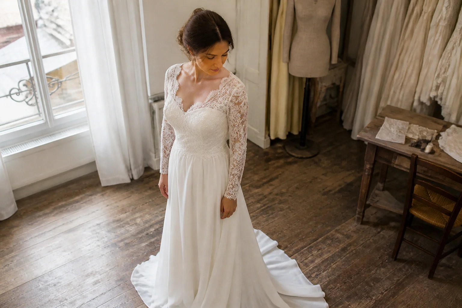 Robe de mariée dans un atelier de confection — illustration générée par IA