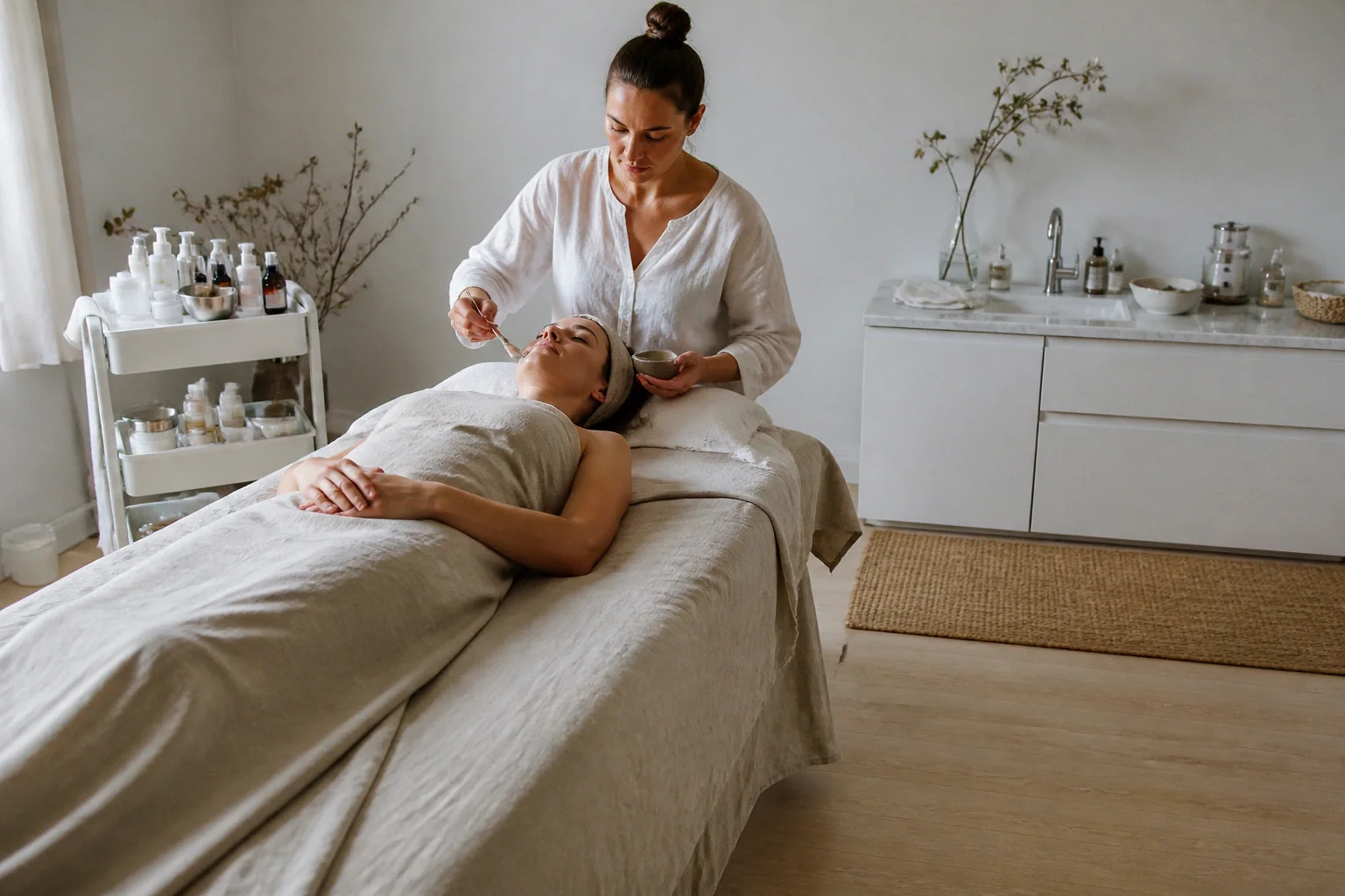 Préparation de soins esthétiques avant un mariage — illustration générée par IA