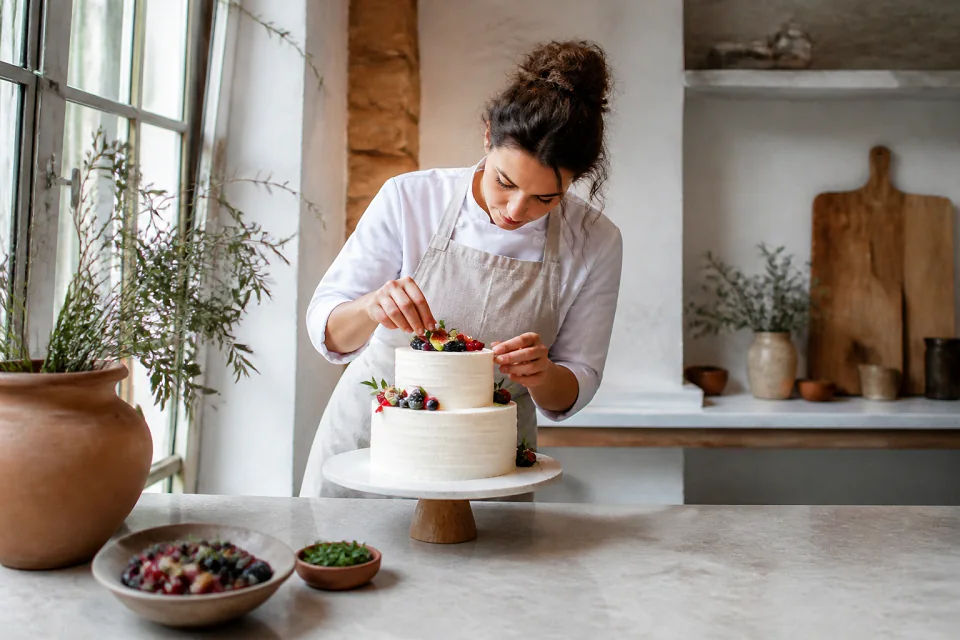 Gâteau de mariage préparé dans un atelier — illustration générée par IA
