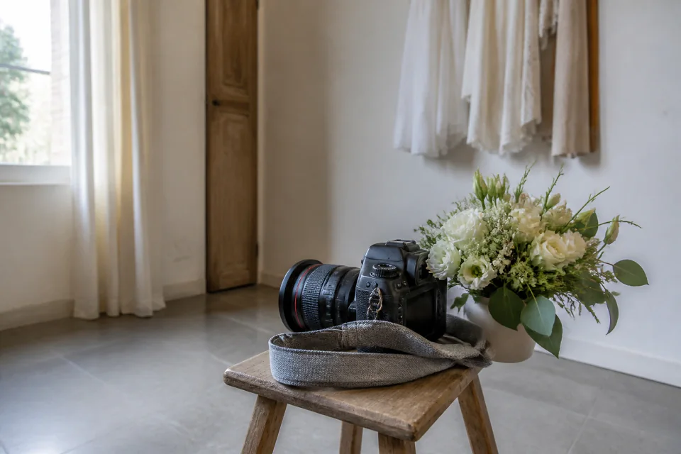Appareil photo et accessoires de reportage de mariage — illustration générée par IA