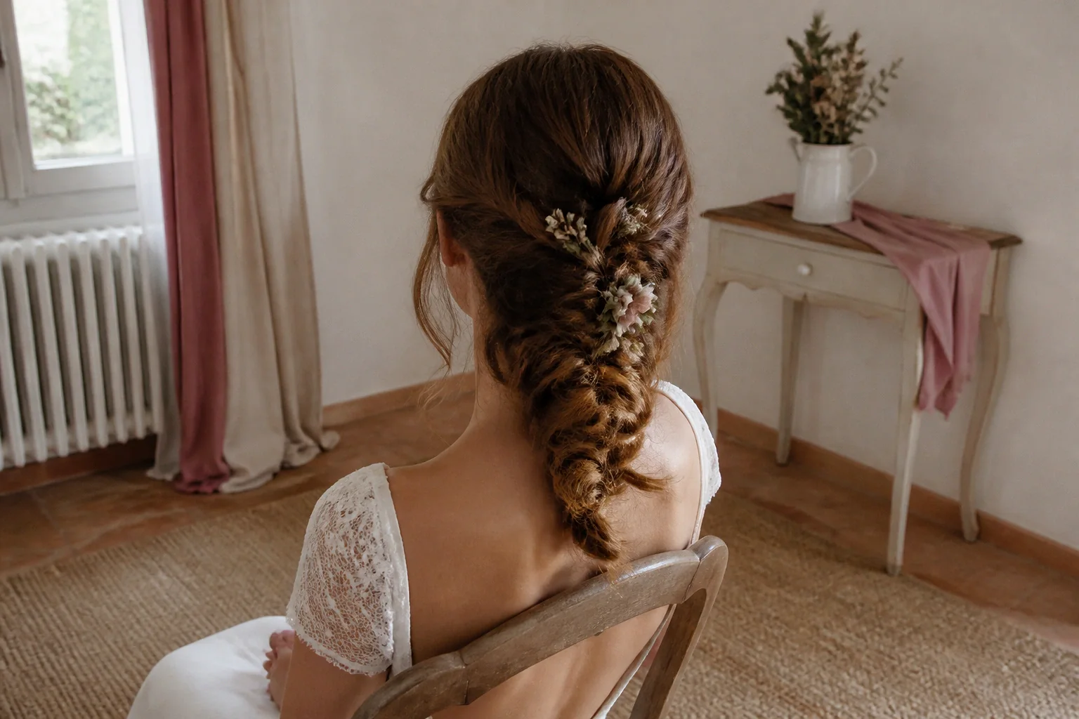 Coiffure de cérémonie vue pendant la préparation — illustration générée par IA