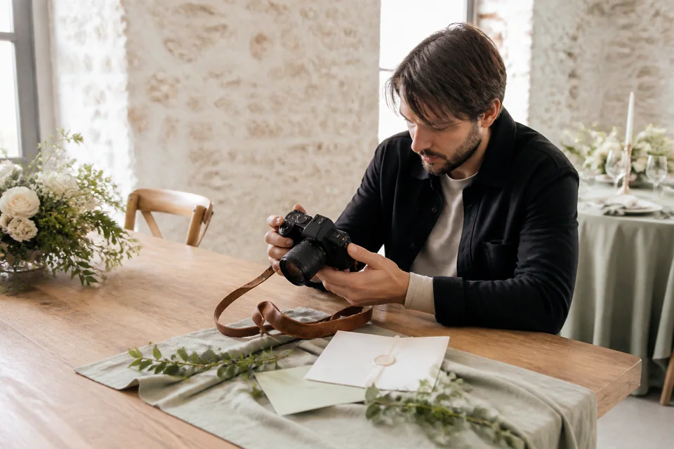 Appareil photo et accessoires de reportage de mariage — illustration générée par IA