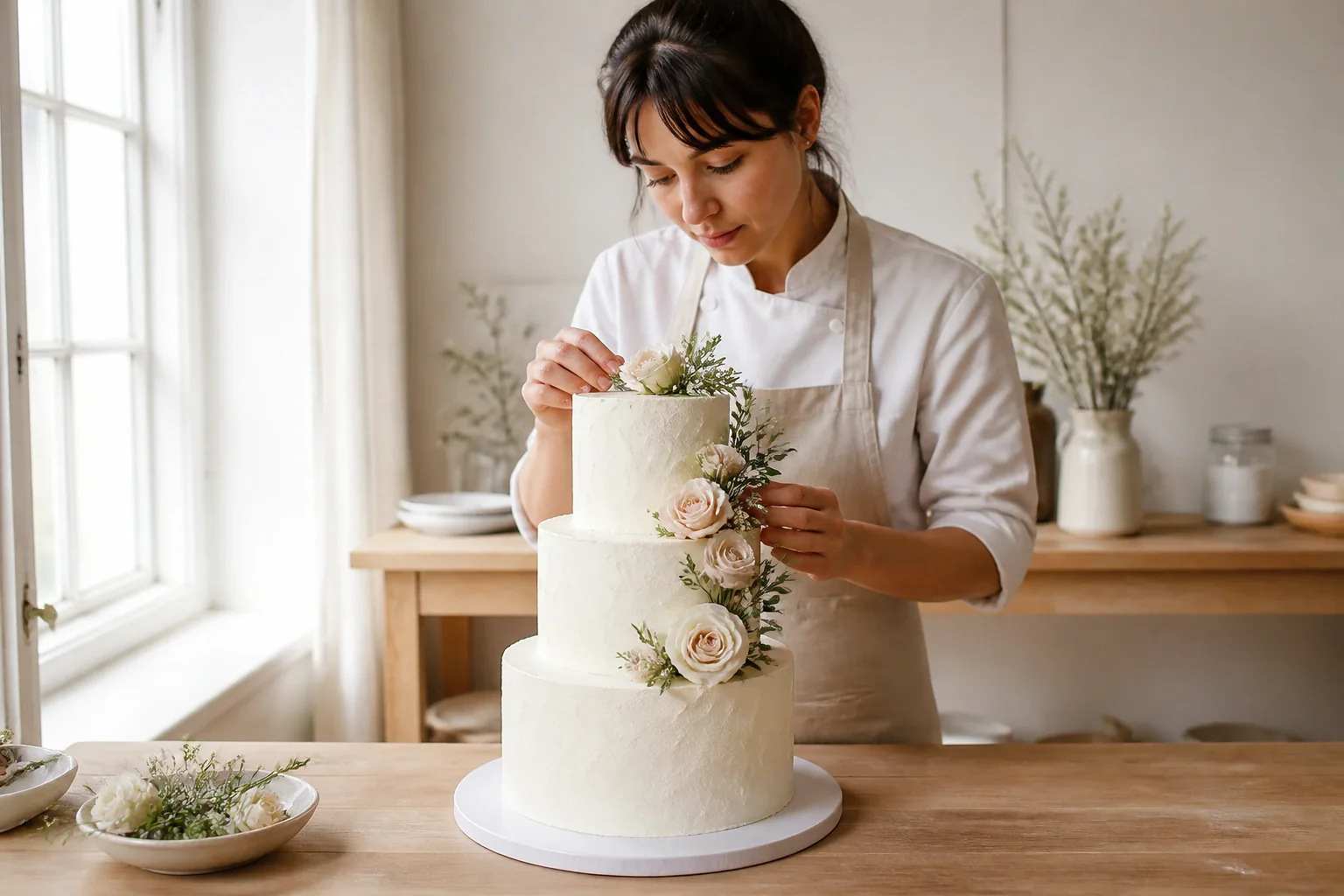 Gâteau de mariage préparé dans un atelier — illustration générée par IA