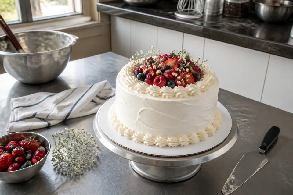 Gâteau de mariage préparé dans un atelier — illustration générée par IA