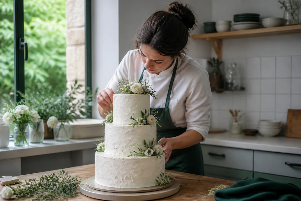 Gâteau de mariage préparé dans un atelier — illustration générée par IA