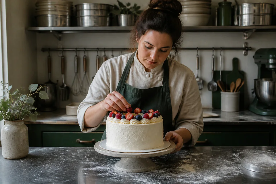 Gâteau de mariage préparé dans un atelier — illustration générée par IA