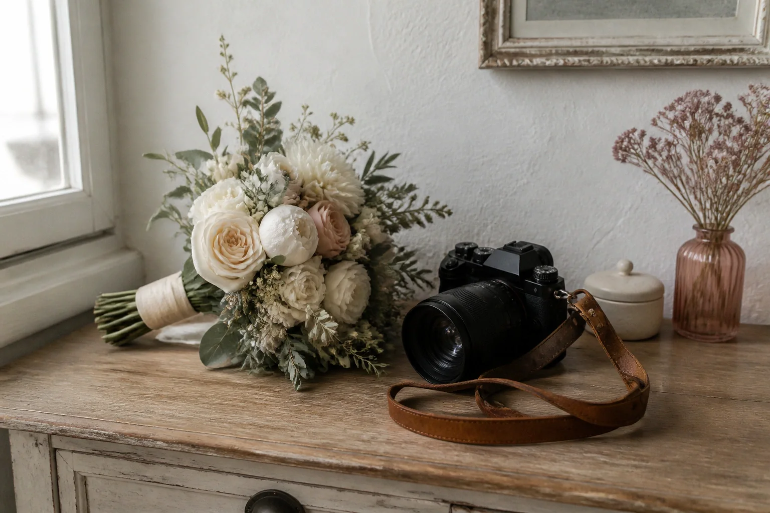Appareil photo et accessoires de reportage de mariage — illustration générée par IA