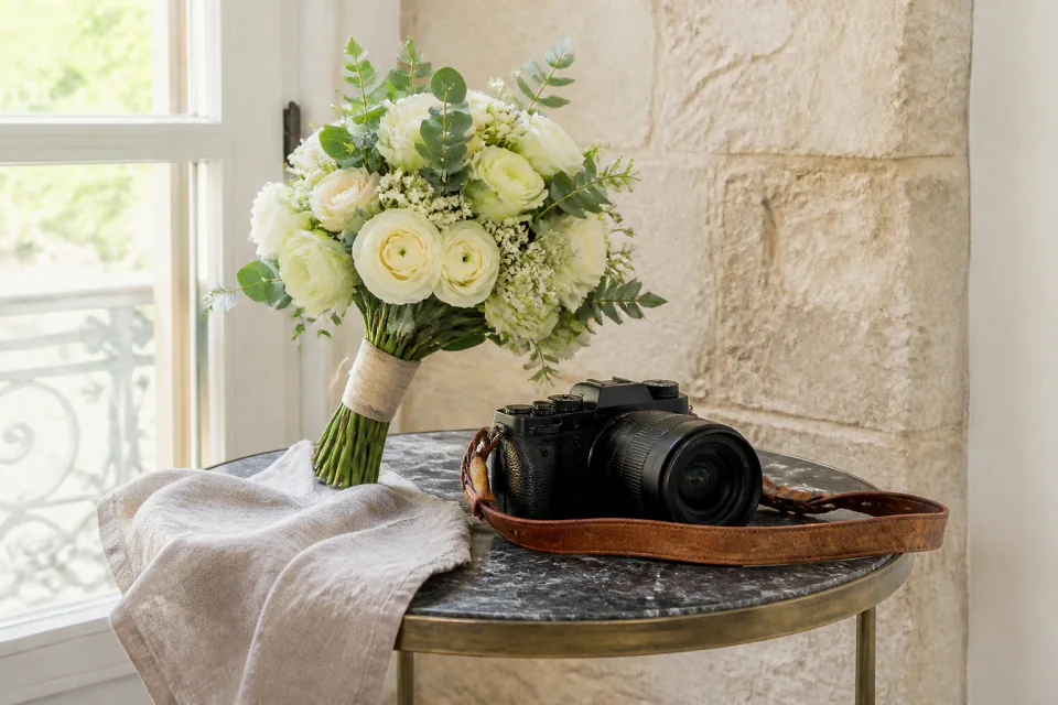 Appareil photo et accessoires de reportage de mariage — illustration générée par IA