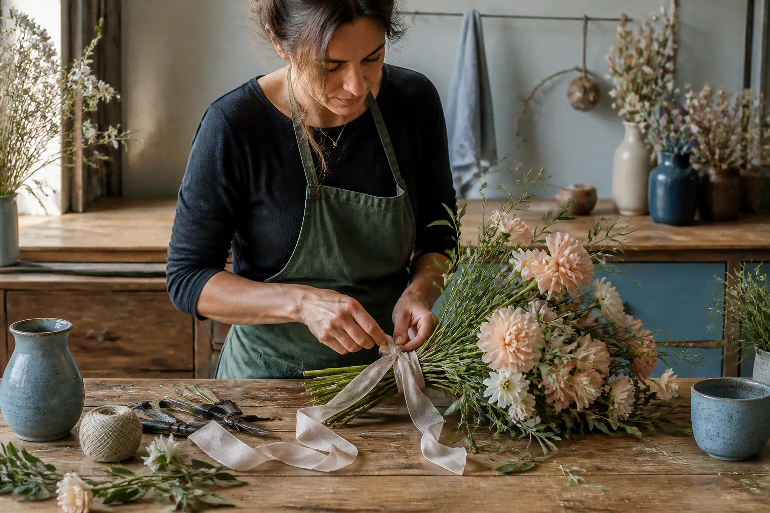 Préparation florale pour un mariage — illustration générée par IA