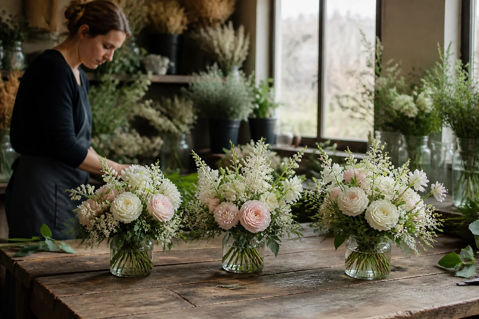 Préparation florale pour un mariage — illustration générée par IA