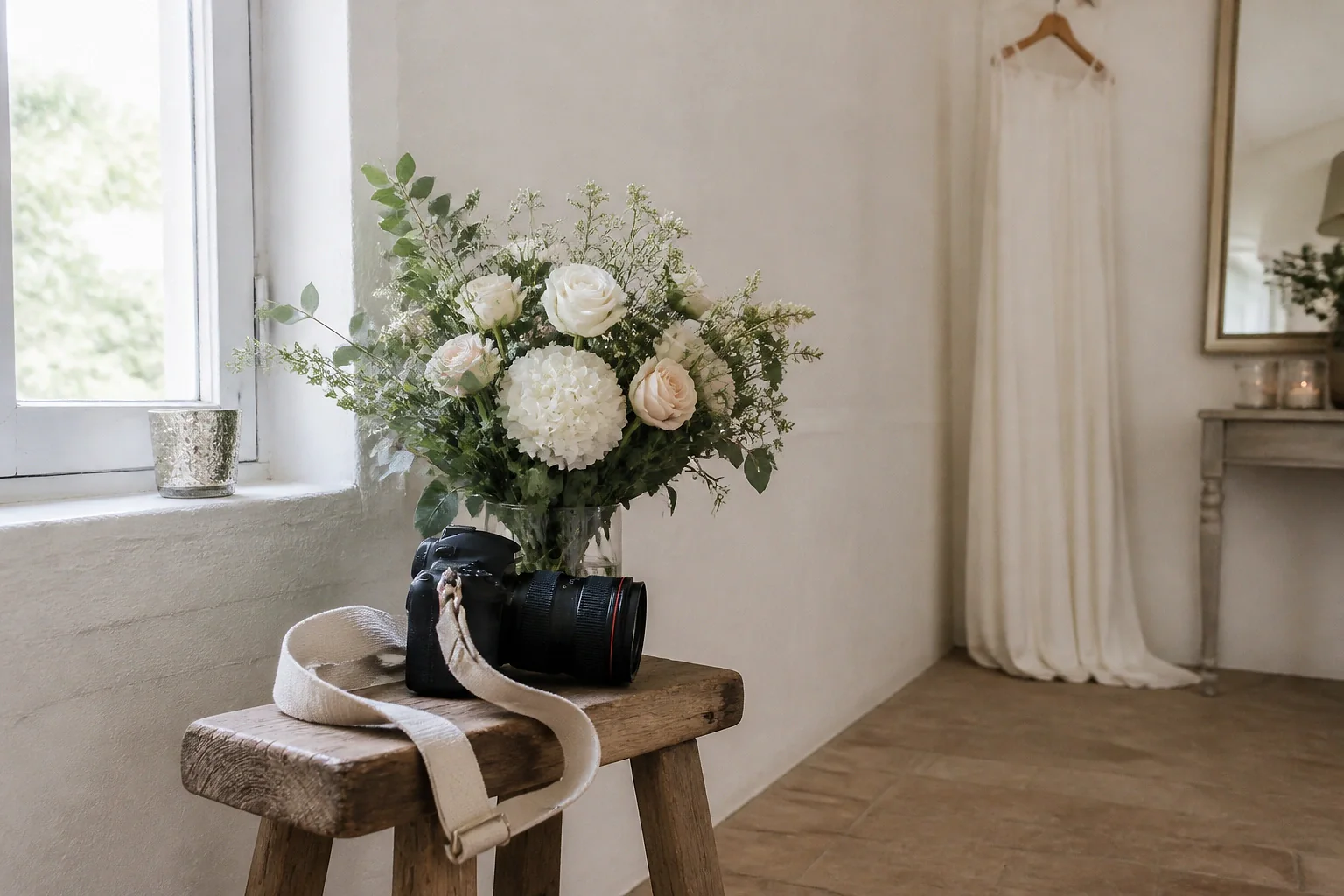 Appareil photo et accessoires de reportage de mariage — illustration générée par IA