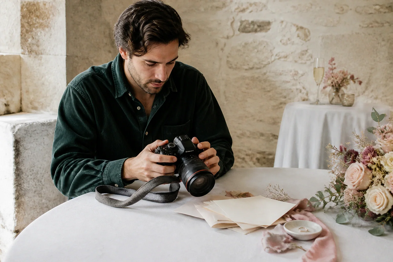 Appareil photo et accessoires de reportage de mariage — illustration générée par IA