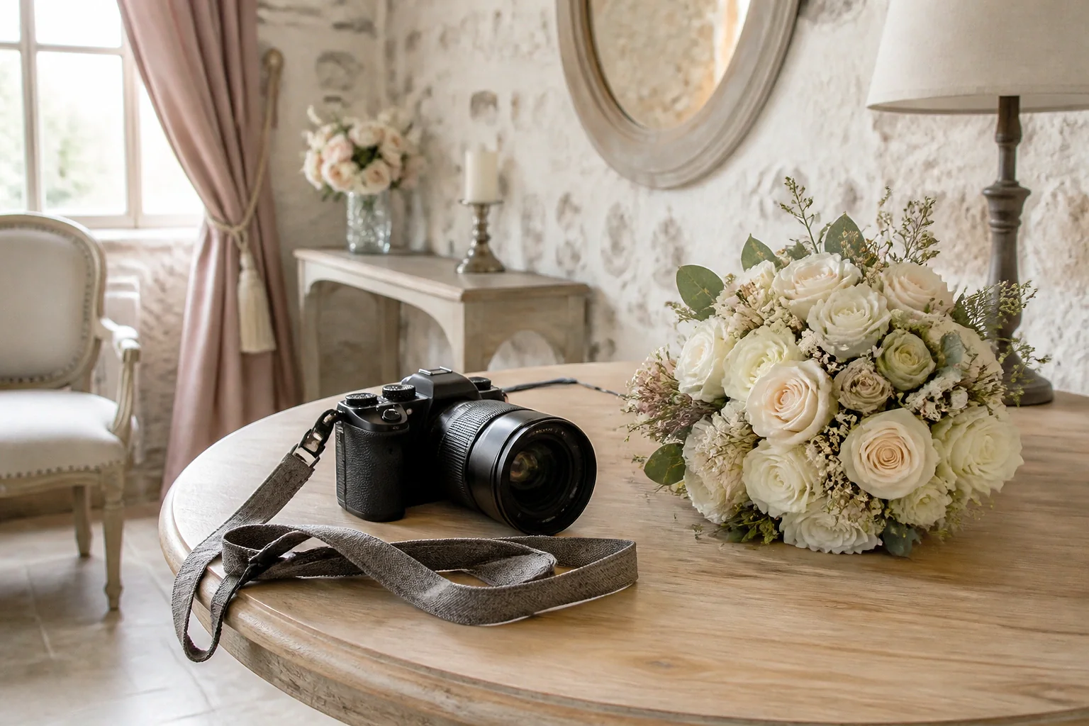 Appareil photo et accessoires de reportage de mariage — illustration générée par IA
