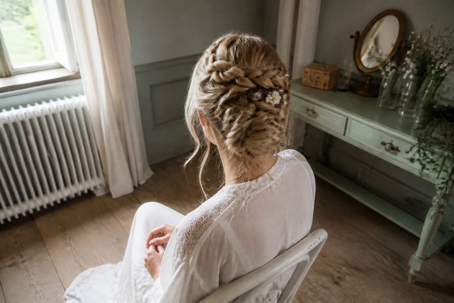 Coiffure de cérémonie vue pendant la préparation — illustration générée par IA