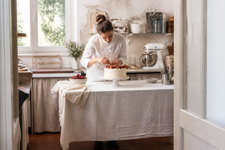 Gâteau de mariage préparé dans un atelier — illustration générée par IA