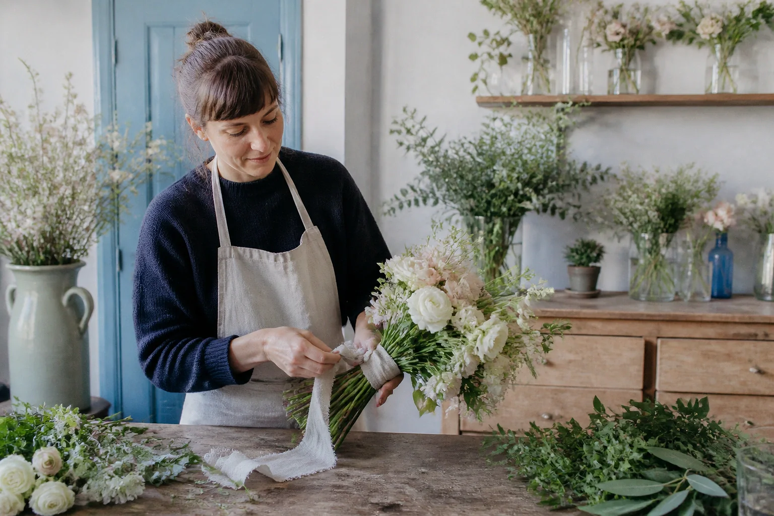 Préparation florale pour un mariage — illustration générée par IA