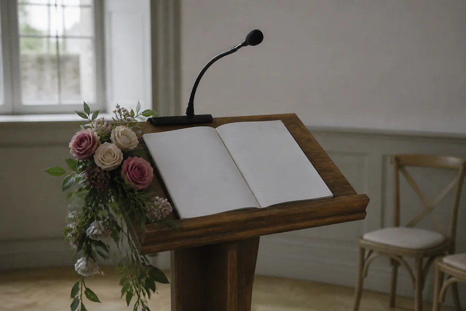 Préparation d’une cérémonie laïque de mariage — illustration générée par IA