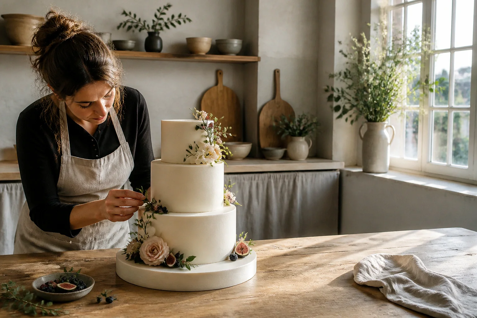Gâteau de mariage préparé dans un atelier — illustration générée par IA