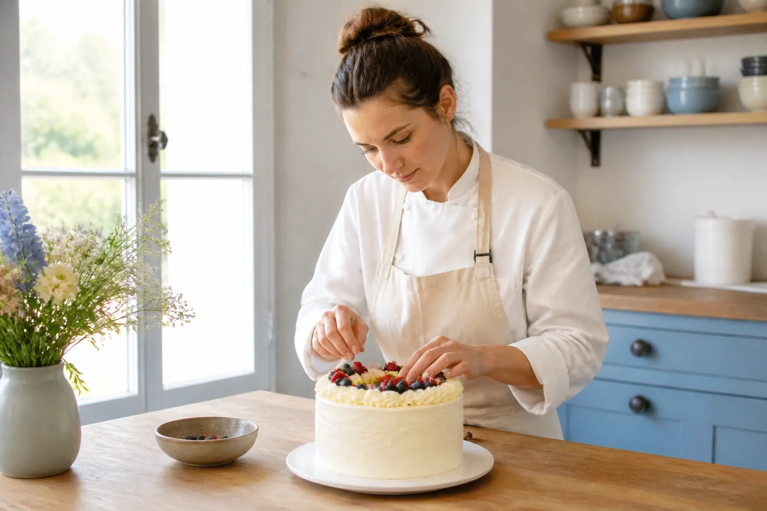 Gâteau de mariage préparé dans un atelier — illustration générée par IA