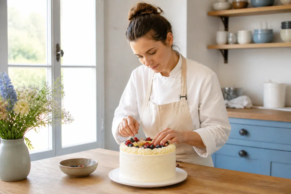 Gâteau de mariage préparé dans un atelier — illustration générée par IA