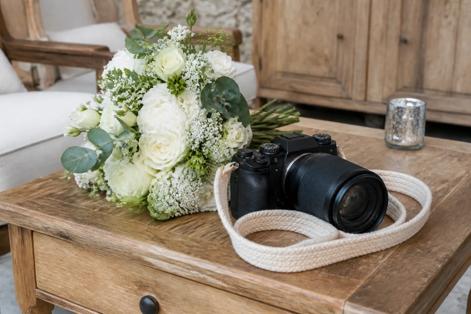 Appareil photo et accessoires de reportage de mariage — illustration générée par IA