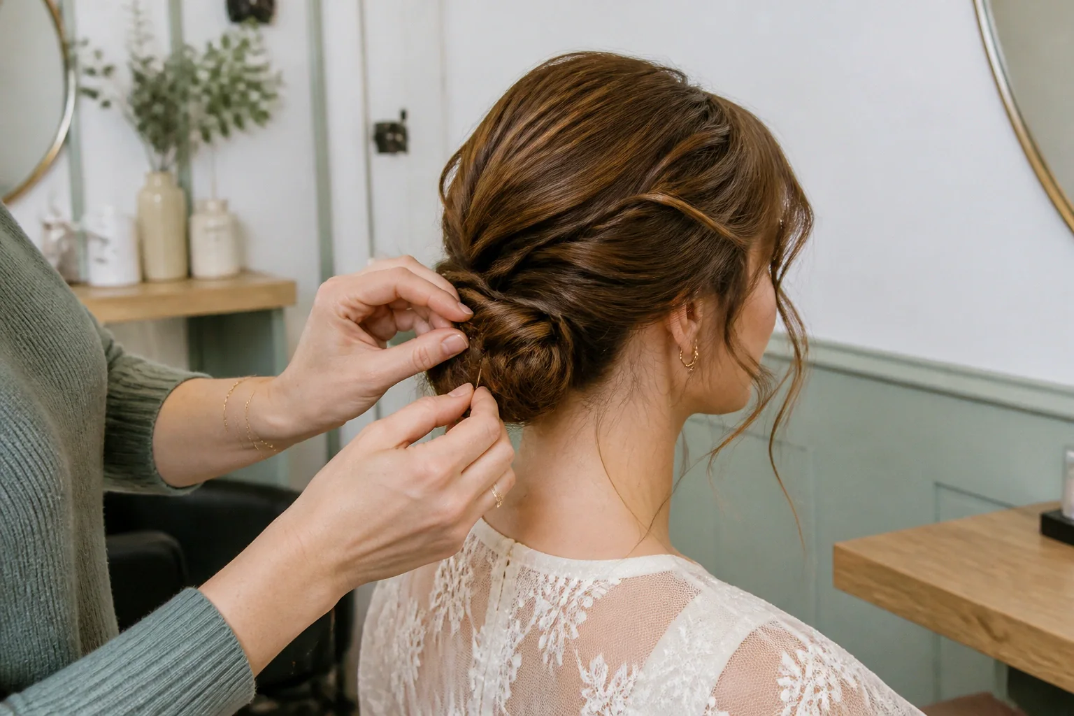 Coiffure de cérémonie vue pendant la préparation — illustration générée par IA