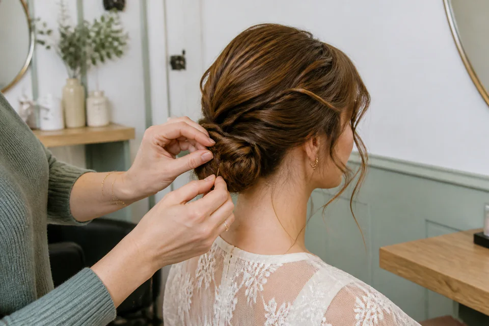 Coiffure de cérémonie vue pendant la préparation — illustration générée par IA