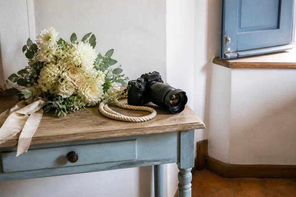 Appareil photo et accessoires de reportage de mariage — illustration générée par IA