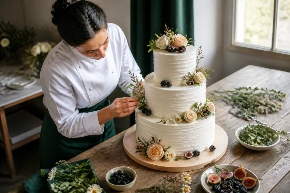 Gâteau de mariage préparé dans un atelier — illustration générée par IA