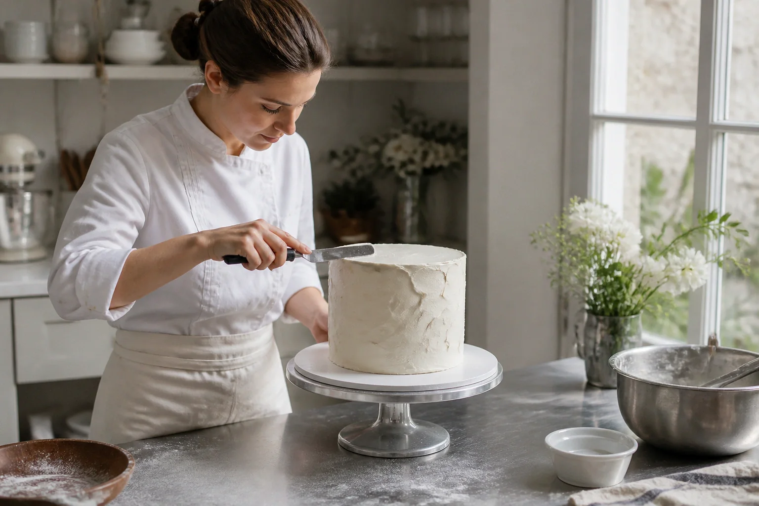 Gâteau de mariage préparé dans un atelier — illustration générée par IA