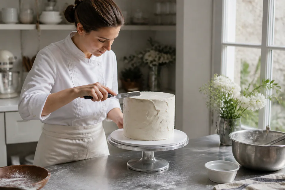 Gâteau de mariage préparé dans un atelier — illustration générée par IA
