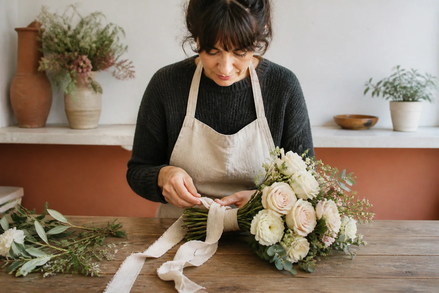 Préparation florale pour un mariage — illustration générée par IA