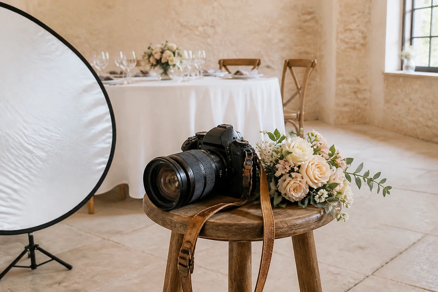 Appareil photo et accessoires de reportage de mariage — illustration générée par IA