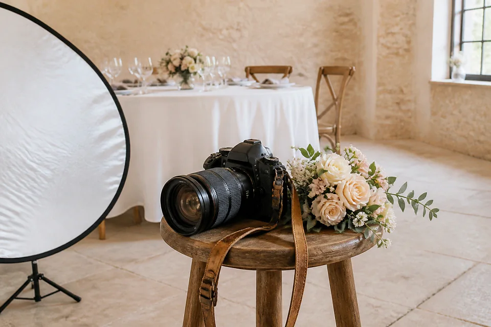 Appareil photo et accessoires de reportage de mariage — illustration générée par IA
